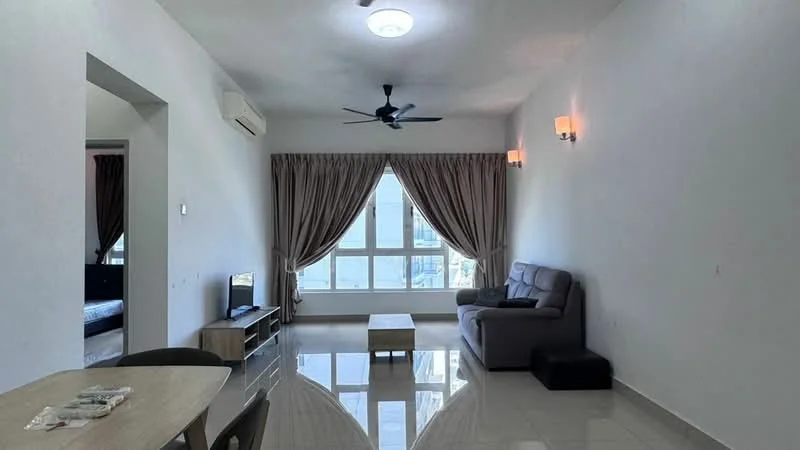 Living features: white painted walls, glossy tile flooring, 5-blade ceiling fan with light, floor-to-ceiling windows, sheer curtains, sofa in grey, coffee table, TV console, wall-mounted TV, decorative wall sconces; style: modern; view: city.