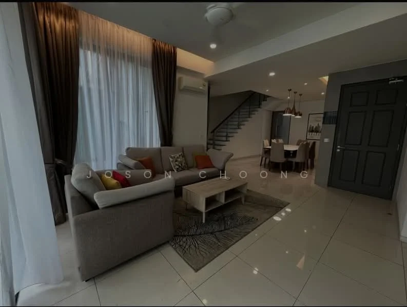 Living features: 3-seater fabric sofa in light grey, coffee table with wooden top, area rug with geometric pattern, floor-to-ceiling windows with sheer curtains, dark brown curtains, recessed downlights, ceiling fan, wall-mounted air conditioning unit, decorative cushions in orange and brown, open layout to dining area; style: modern. Dining features: 6-seater dining table, upholstered dining chairs, pendant lighting above dining table; style: modern.