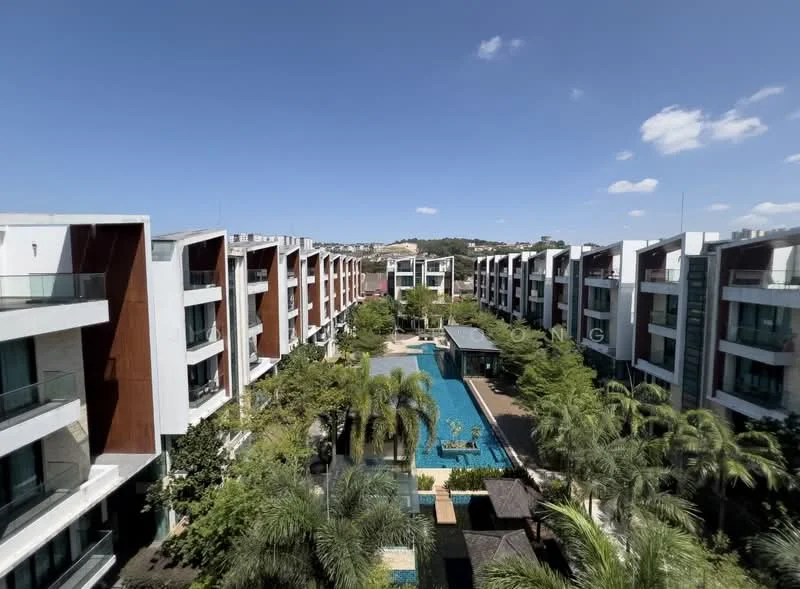 Exterior type: low-rise apartment block; features: swimming pool, landscaped garden, manicured lawn, palm trees, modern architectural design, balconies on each unit, outdoor seating area, surrounded by greenery; style: modern.