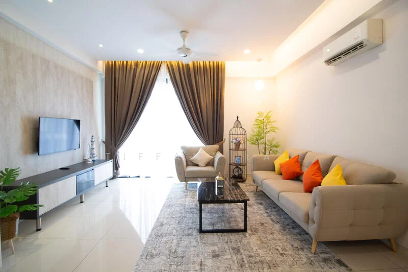 Living features: 3-seater fabric sofa in beige, 2-seater fabric sofa in grey, orange decorative cushions, glass coffee table, TV console with wall-mounted TV, floor-to-ceiling windows, sheer curtains, recessed downlights, ceiling fan, decorative plant in ceramic pot, area rug with geometric pattern, wall-mounted air conditioning unit, feature wall with textured finish; style: modern.