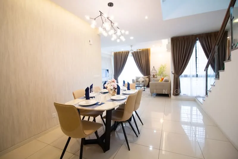 Dining features: 6-seater dining table, beige upholstered dining chairs, white tableware, blue napkins, decorative flower vase, pendant lighting with multiple bulbs, cream wallpaper, glossy tile flooring, curtains in dark brown, open layout to living area, staircase visible in background, large windows with natural light; style: modern. Living features: beige fabric sofa, decorative cushions, coffee table, area rug, floor-to-ceiling windows, curtains in dark brown; style: modern.