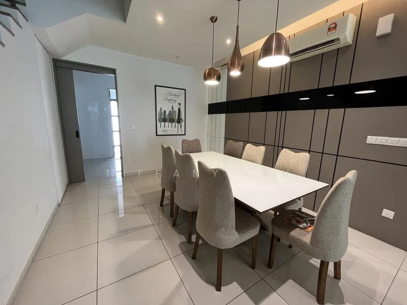 Dining features: 8-seater dining table, upholstered dining chairs, pendant lighting, wall-mounted air conditioning unit, white walls, glossy tile flooring, decorative wall paneling, framed artwork on wall; style: modern.