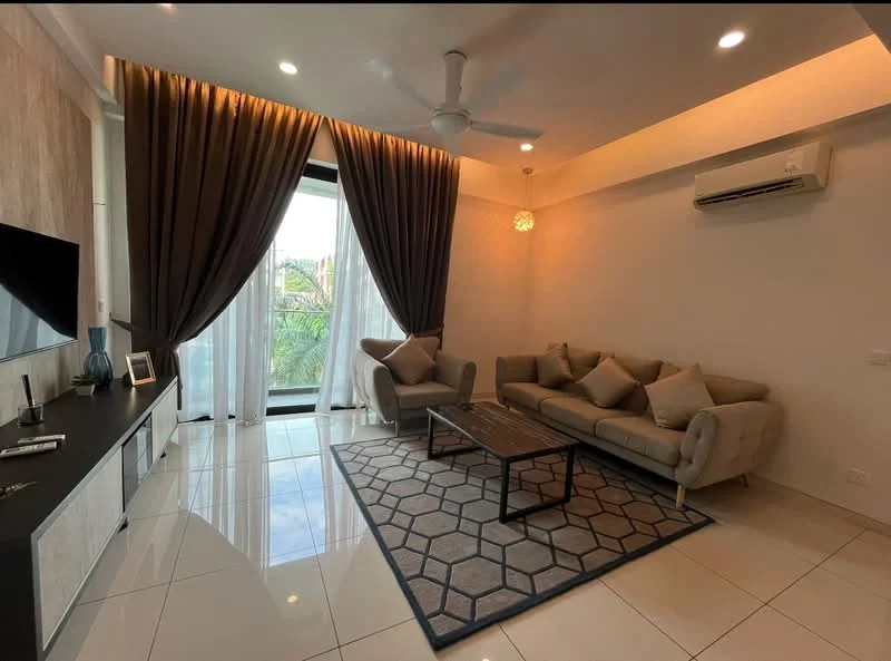 Living features: 3-seater fabric sofa in light grey, 2 accent chairs, coffee table with wooden top, area rug with geometric pattern, wall-mounted TV, TV console, floor-to-ceiling windows, sheer curtains, dark brown curtains, ceiling fan with light, recessed downlights, white painted walls, glossy tile flooring; style: modern; view: garden.