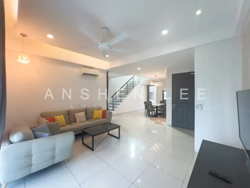Living features: 3-seater fabric sofa in light grey, decorative cushions in yellow and orange, coffee table, wall-mounted TV, ceiling fan, recessed downlights, white painted walls, glossy white tile flooring, air conditioning unit, large windows, open layout to dining area; style: modern.