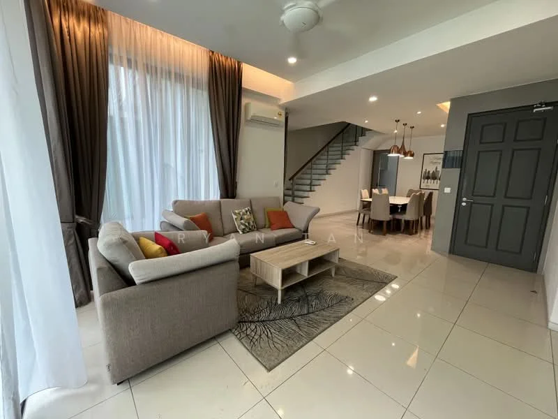 Living features: 3-seater fabric sofa in beige, 2-seater fabric sofa in grey, coffee table with wooden top, area rug with geometric pattern, floor-to-ceiling windows with sheer curtains, grey painted walls, recessed downlights, ceiling fan, marble tile flooring, decorative wall art, wall-mounted air conditioning unit; style: modern. Dining features: 6-seater dining table with wooden top, upholstered dining chairs, pendant lighting above dining table, grey painted walls, marble tile flooring; style: modern.
