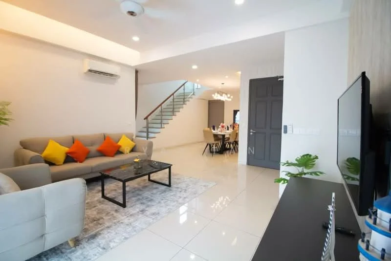 Living features: 3-seater fabric sofa in grey, decorative cushions in yellow, glass coffee table, area rug with geometric pattern, wall-mounted TV, ceiling fan, wall-mounted split AC, recessed downlights, white painted walls, polished tile flooring; style: modern. Dining features: dining table with multiple chairs, chandelier lighting, open-plan layout, white painted walls, polished tile flooring; style: modern.