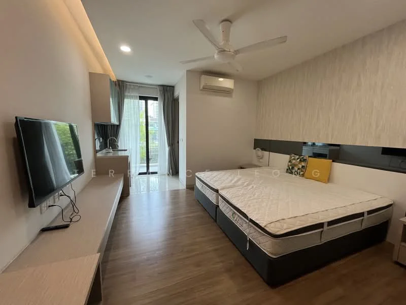 Bedroom features: queen-size bed base without mattress, wooden flooring, light grey accent wall, white painted walls, ceiling fan, wall-mounted TV, TV console with storage, large sliding glass door, curtains, air conditioning unit, built-in wardrobe; style: modern; view: city.