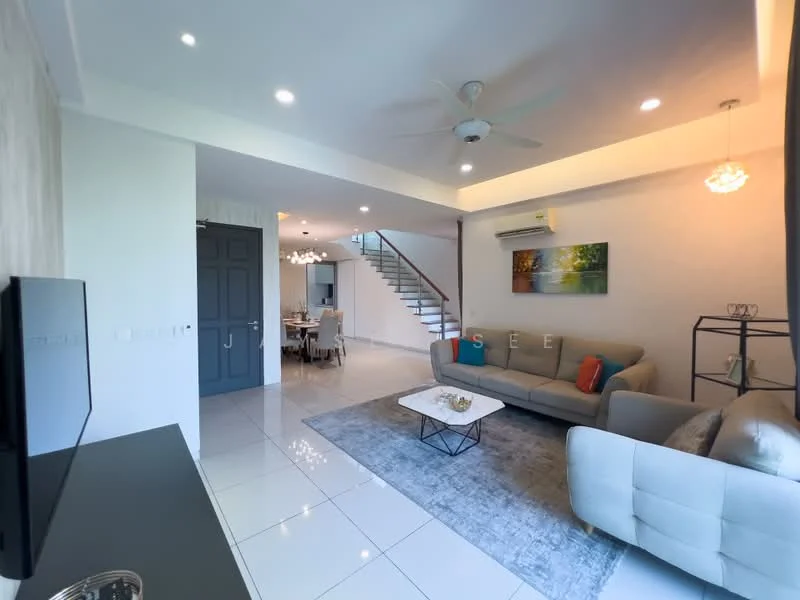 Living features: grey fabric 3-seater sofa, light grey armchair, white coffee table, area rug with geometric pattern, wall-mounted TV, ceiling fan with light, recessed LED downlights, white painted walls, large windows, sliding glass door, decorative wall art, open layout to dining area; style: modern. Dining features: 6-seater dining table, upholstered dining chairs, pendant lighting above table, white walls, open layout to living area; style: modern.