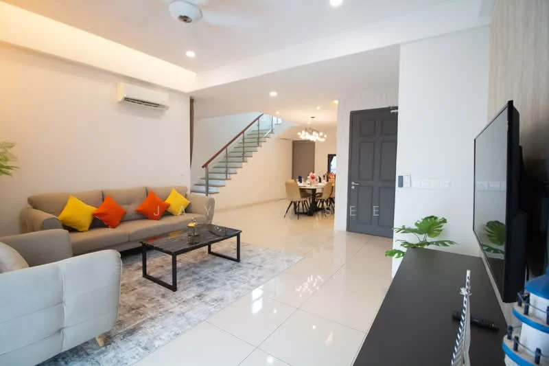 Living features: 3-seater fabric sofa in grey, decorative cushions in yellow, glass coffee table, area rug with geometric pattern, wall-mounted TV, TV console, 5-blade ceiling fan with light, recessed LED downlights, white painted walls, polished tile flooring, large windows for natural light, staircase with wooden railing; style: modern.