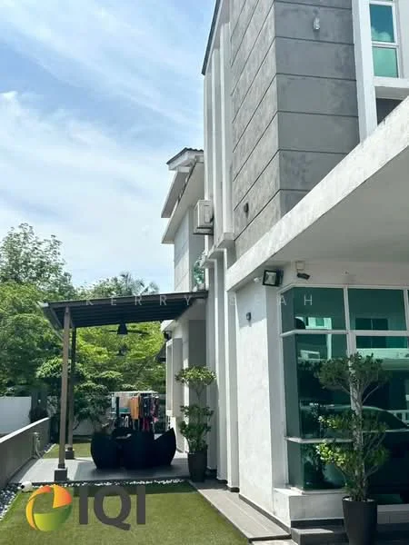 Exterior type: detached bungalow; features: white painted facade, grey accent wall, flat roof, manicured lawn, tropical landscaping, covered outdoor area with pergola, outdoor seating area, decorative planters, large windows, air conditioning units visible; style: modern.