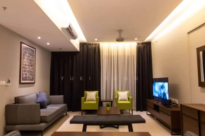 Living features: grey fabric sofa, 2 green accent chairs, wood coffee table, TV console, wall-mounted TV, recessed LED downlights, ceiling fan, floor-to-ceiling curtains, decorative wall art, light-coloured walls, cream tiled flooring; style: modern.