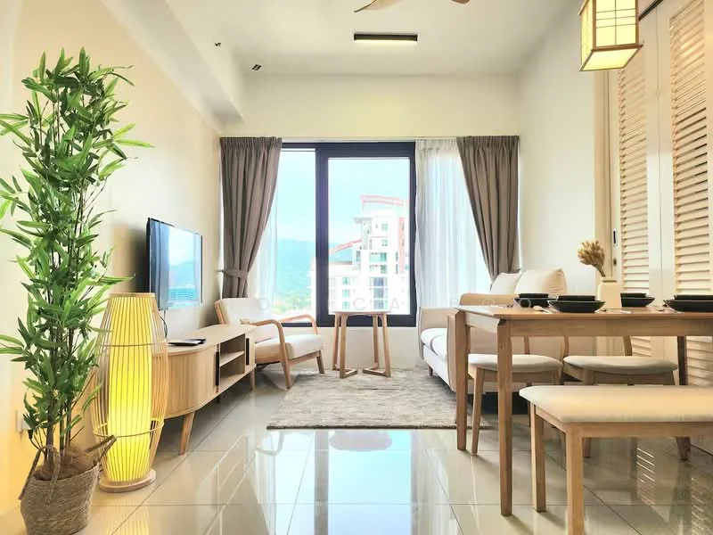 Living features: floor-to-ceiling windows, light grey curtains, cream painted walls, polished ceramic tile flooring, 3-seater fabric sofa in beige, wooden coffee table, wooden side tables, TV console with wall-mounted TV, decorative area rug, bamboo plant in pot, floor lamp with woven shade, pendant light fixture, 2 dining chairs, wooden dining table; style: modern; view: city.