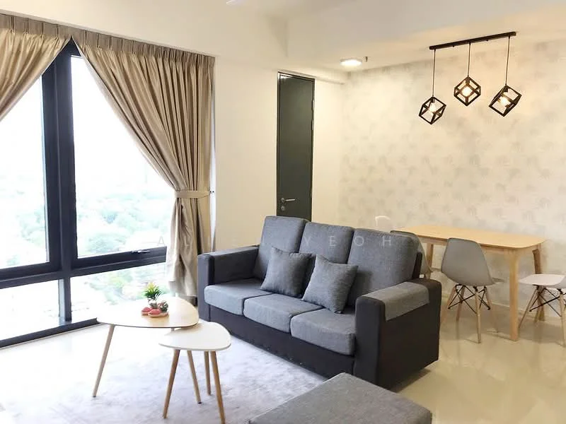 Living features: grey fabric sofa, 3-seater sofa, coffee table, area rug, floor-to-ceiling windows, curtains, wall-mounted light fixtures, decorative wall with floral pattern, dining table, 4 dining chairs, light-colored flooring; style: modern; view: city.