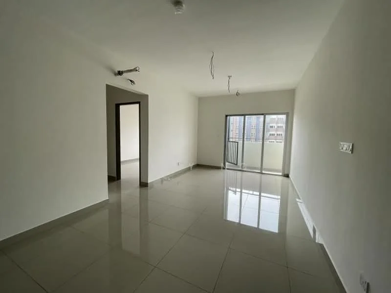 Living features: white painted walls, glossy ceramic tile flooring, sliding glass door, floor-to-ceiling windows, recessed downlights, ceiling fan, balcony access, neutral color scheme; style: modern; view: city. Room features: white painted walls, glossy ceramic tile flooring, doorway to another room.