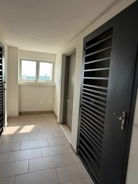Room features: grey panel doors, white painted walls, tile flooring, two windows, natural light, door with horizontal slats, door frame, light ceiling; style: modern; view: city.