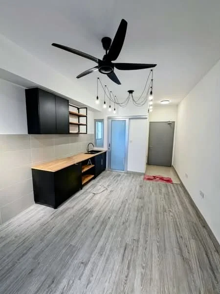 Kitchen features: black cabinetry, wood countertop, single-bowl stainless-steel sink, chrome pull-down faucet, open shelving, recessed downlights, 5-blade ceiling fan, wood-look laminate flooring, sliding glass door, wall-mounted storage, neutral wall color, decorative pendant lights; style: modern.