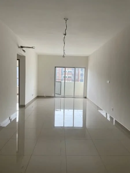 Living features: white painted walls, glossy ceramic tile flooring, floor-to-ceiling windows, sliding glass door, balcony access, recessed downlights, hanging light fixture, neutral color scheme; style: modern; view: city.
