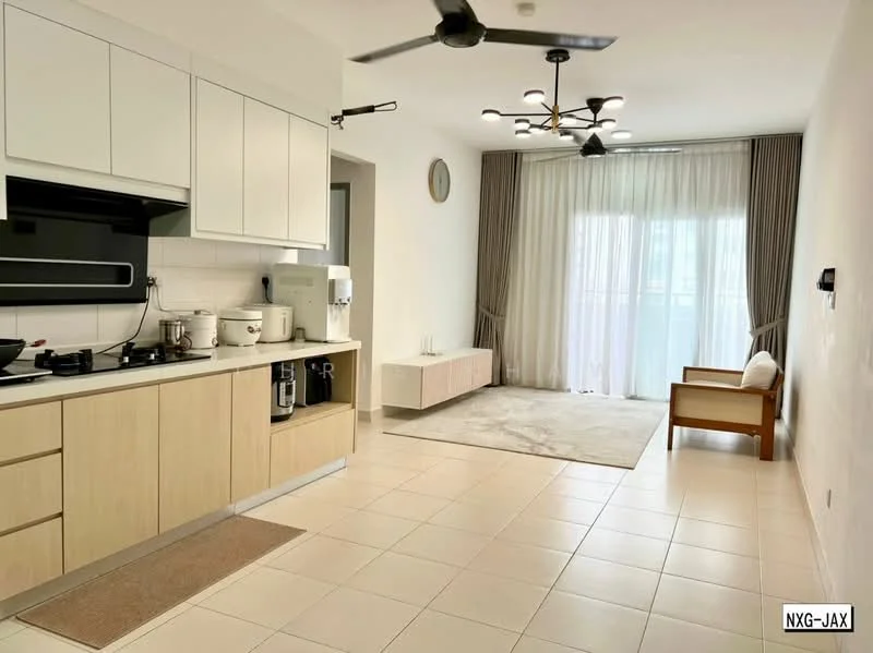 Kitchen features: white cabinetry with flat-panel design, black countertop, stainless-steel sink, chrome pull-down faucet, built-in stove with black glass cooktop, built-in oven, microwave, refrigerator, tile backsplash, pendant lighting, 5-blade ceiling fan, large window with sheer curtains, light-colored tile flooring, open layout to living area; style: modern. Living features: sofa, coffee table, TV console, area rug, large window with sheer curtains, light-colored tile flooring; style: modern.