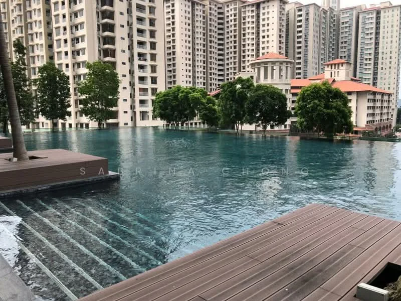 Exterior type: high-rise condominium; features: infinity pool, pool deck with wooden flooring, surrounded by landscaped greenery, multiple high-rise buildings in background, mature trees, water feature with glass edge; style: modern.