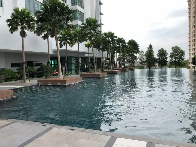 Exterior type: swimming pool deck; features: infinity pool, pool deck with loungers, palm trees, manicured landscaping, modern architecture, glass facade of building, surrounding greenery, wooden deck areas; style: modern.