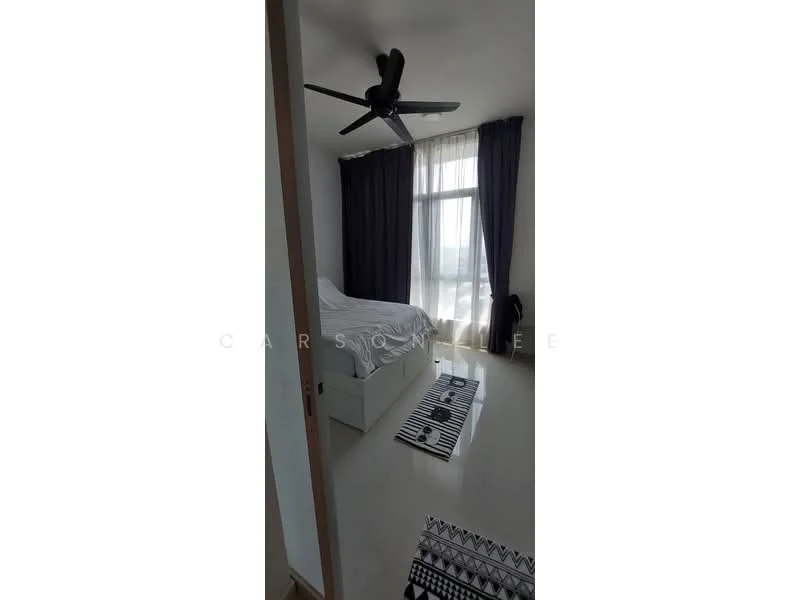 Bedroom features: queen-size bed with white bedding, black ceiling fan with light, floor-to-ceiling windows, blackout curtains, light-colored walls, white flooring, decorative area rug with geometric pattern, nightstand, wall-mounted artwork; style: modern; view: city.
