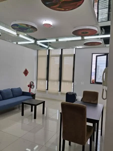 Living features: blue fabric sofa, square coffee table, two brown upholstered dining chairs, white painted walls, glossy tile flooring, ceiling lights, large windows with roller blinds, decorative ceiling panels; style: modern; view: city.