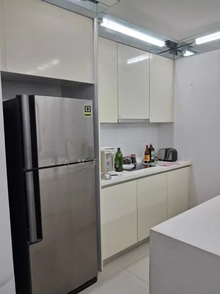 Kitchen features: stainless-steel fridge, white flat-panel cabinets, white countertop, built-in microwave, toaster, kettle, bottled beverages, ceramic tile flooring, under-cabinet lighting, wall-mounted shelves; style: modern.