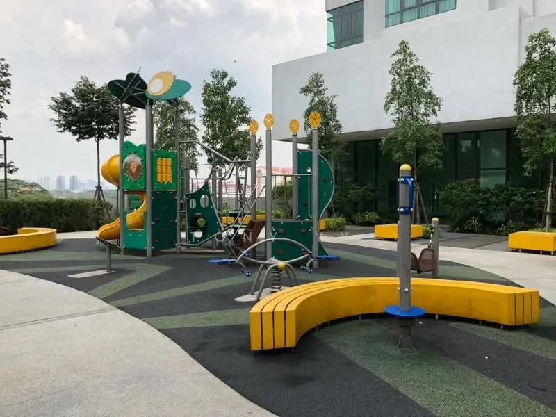 Exterior type: children's playground; features: colorful playground equipment, climbing structure with slides, swing set, safety rubber flooring, curved seating benches, landscaped greenery, surrounding trees, open space, urban setting; style: modern.