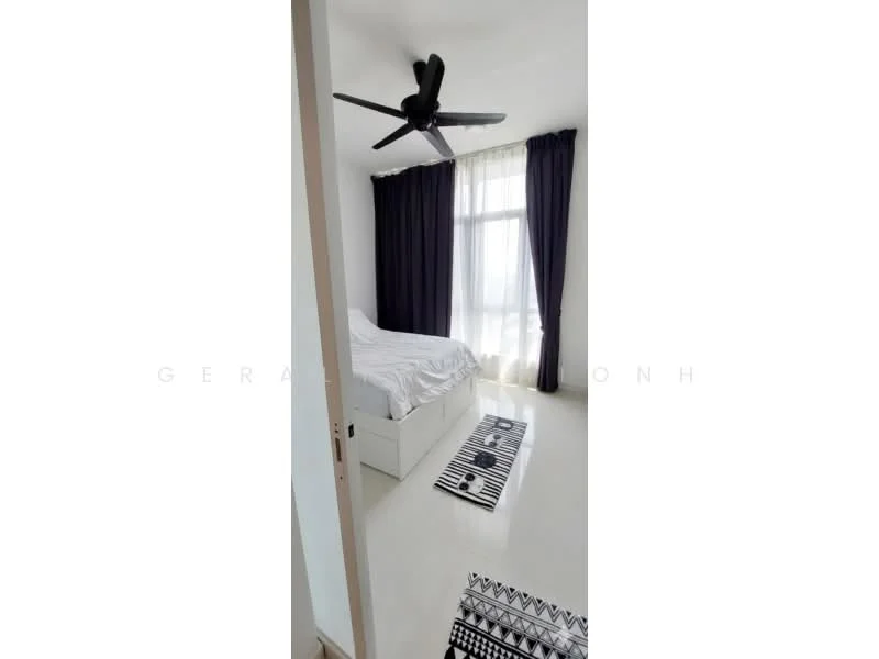 Bedroom features: queen-size bed with white bedding, black ceiling fan, floor-to-ceiling windows, blackout curtains, white walls, light-colored flooring, area rug with geometric pattern, built-in wardrobe; style: modern; view: city.