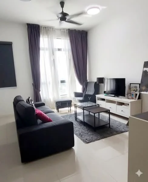Living features: 3-seater fabric sofa in black, red decorative cushion, coffee table with black metal frame, TV console in white with storage, wall-mounted TV, area rug in dark grey, floor-to-ceiling windows with sheer curtains, blackout roller blinds, ceiling fan with light, recessed ceiling light; style: modern.