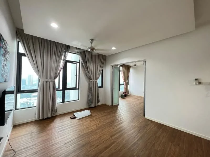 Living features: laminate flooring, white painted walls, 5-blade ceiling fan with light, floor-to-ceiling windows, sheer curtains, TV console, wall-mounted TV, decorative mirror, area rug, city view; style: modern; view: city. Room features: white painted walls, laminate flooring, doorway leading to another room.