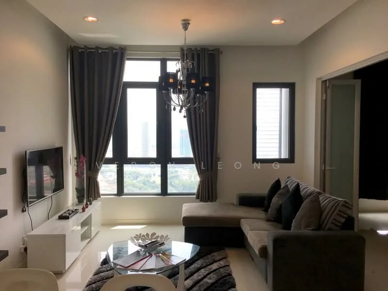 Living features: grey fabric sofa, black and white striped cushions, white coffee table, wall-mounted TV, chandelier with multiple bulbs, floor-to-ceiling windows, dark curtains, light grey painted walls, recessed ceiling lights, decorative wall art, area rug, glass vase with decorative items; style: modern; view: city.