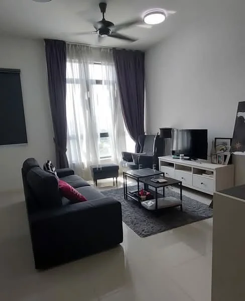 Living features: 3-seater fabric sofa in grey, black coffee table, TV console with storage, wall-mounted TV, area rug with geometric pattern, floor-to-ceiling windows, sheer curtains, dark curtains, ceiling fan, recessed ceiling light; style: modern.