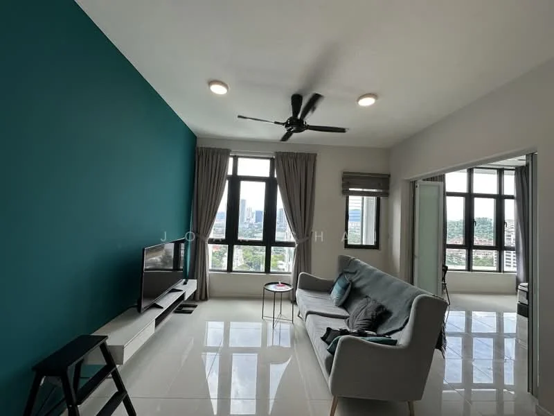 Living features: teal accent wall, white painted walls, glossy tile flooring, 5-blade ceiling fan with light, wall-mounted TV, TV console, 2-seater fabric sofa in light grey, small round side table, floor-to-ceiling windows, curtains, city view; style: modern; view: city.