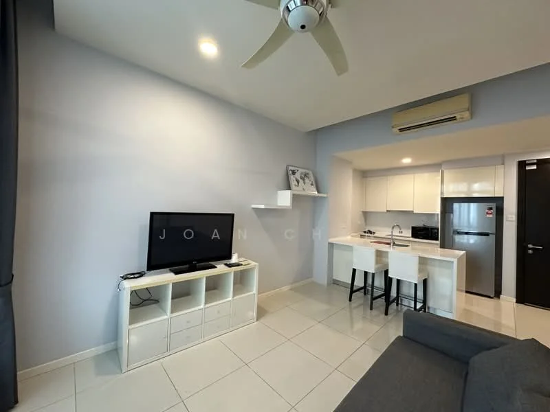 Living features: grey fabric sofa, white TV console, wall-mounted TV, open shelving unit, recessed downlights, 5-blade ceiling fan, large window with grey curtains, white tiled flooring, air conditioning unit; style: modern. Kitchen features: white cabinetry, stainless-steel fridge, built-in oven, 4-burner gas hob, white countertop, single-bowl stainless-steel sink, chrome pull-down faucet, bar seating with two stools; style: modern.