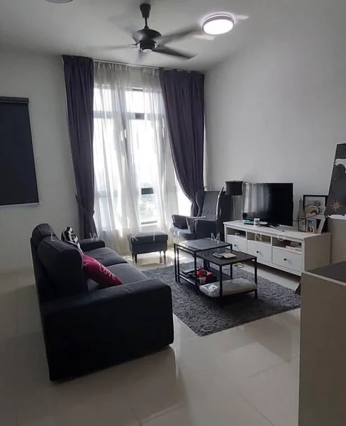 Living features: 3-seater fabric sofa in dark grey, black coffee table, TV console with storage, wall-mounted TV, area rug with geometric pattern, floor-to-ceiling windows, sheer curtains, dark grey curtains, ceiling fan with light, recessed ceiling light; style: modern; view: city.