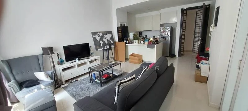 Living features: 3-seater fabric sofa in grey, 2-seater fabric sofa in black, coffee table with glass top, area rug with geometric pattern, wall-mounted TV, TV console with drawers, decorative wall map, floor-to-ceiling windows with sheer curtains, light-colored walls, recessed downlights, white ceiling, open layout to kitchen, tile flooring; style: modern. Kitchen features: white cabinetry, stainless-steel fridge, built-in oven, freestanding range oven, countertop with bar stools, open shelving, tile backsplash, marble countertop; style: modern.