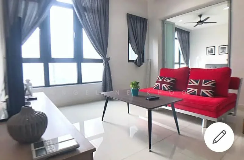 Living features: red fabric sofa, coffee table, floor-to-ceiling windows, grey curtains, white walls, polished tile flooring, ceiling fan, decorative plant, framed artwork on walls; style: modern; view: city.