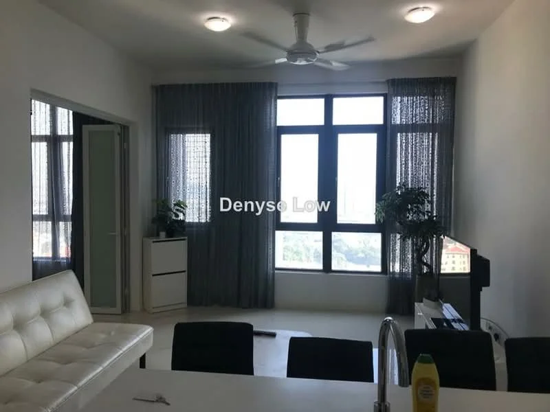 Living features: white leather sofa, coffee table, wall-mounted TV, floor-to-ceiling windows, sheer curtains, ceiling fan, light grey walls, laminate flooring, decorative plants, sideboard cabinet; style: modern; view: city.