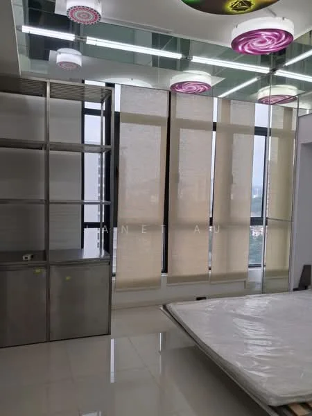 Room features: large windows, roller blinds, white walls, polished tile flooring, metal shelving unit, stainless-steel cabinet, ceiling lights with decorative design, empty mattress on the floor; style: modern; view: city.