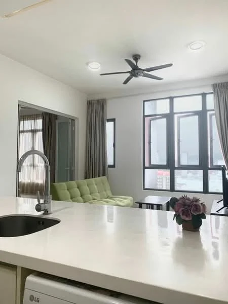 Living features: green fabric sofa, coffee table, 5-blade ceiling fan with light, floor-to-ceiling windows, sheer curtains, recessed downlights, white walls, light-colored flooring, decorative plant on table; style: modern; view: city. Kitchen features: white countertop, stainless-steel sink, chrome pull-down faucet, built-in dishwasher, open shelving; style: modern.