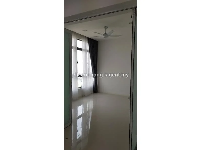 Room features: white painted walls, glossy tile flooring, ceiling fan, floor-to-ceiling windows, sheer curtains, dark grey curtains, natural light, neutral color scheme; style: modern.
