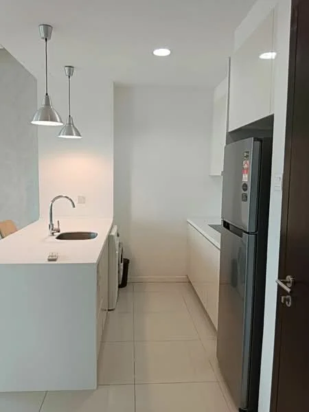 Kitchen features: single-bowl stainless-steel sink, chrome pull-down faucet, white laminate cabinetry, white countertop, built-in oven, freestanding range oven, stainless-steel fridge, pendant lighting, ceramic tile flooring, recessed downlights; style: modern.
