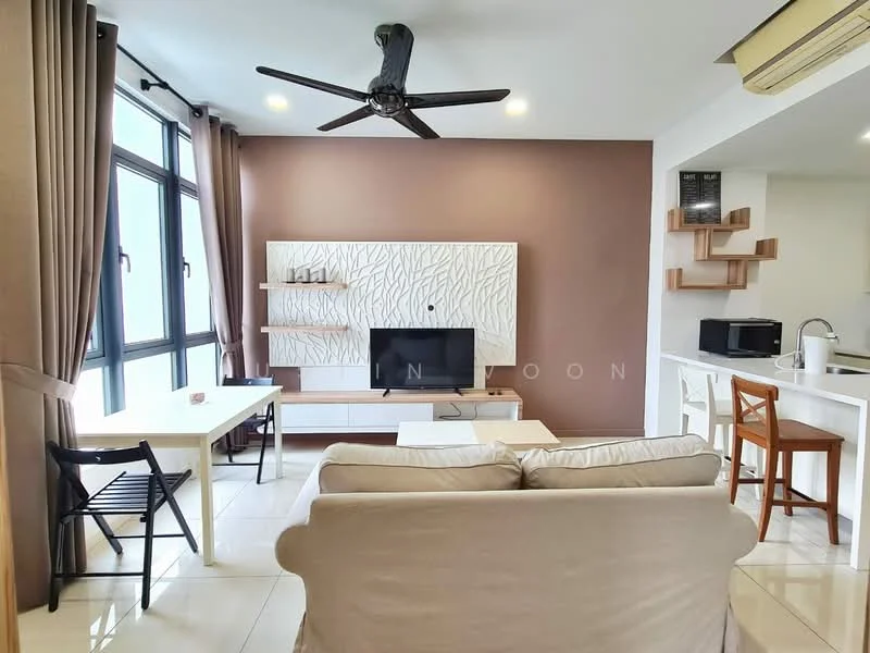 Living features: 3-seater fabric sofa in beige, coffee table, wall-mounted TV, TV console, floor-to-ceiling windows, 5-blade ceiling fan with light, cream painted walls, white feature wall with textured design, tile flooring, decorative wall shelf, area rug; style: modern; view: city. Dining features: 4-seater dining table, black dining chairs, open shelving unit, microwave, built-in cabinets; style: modern.