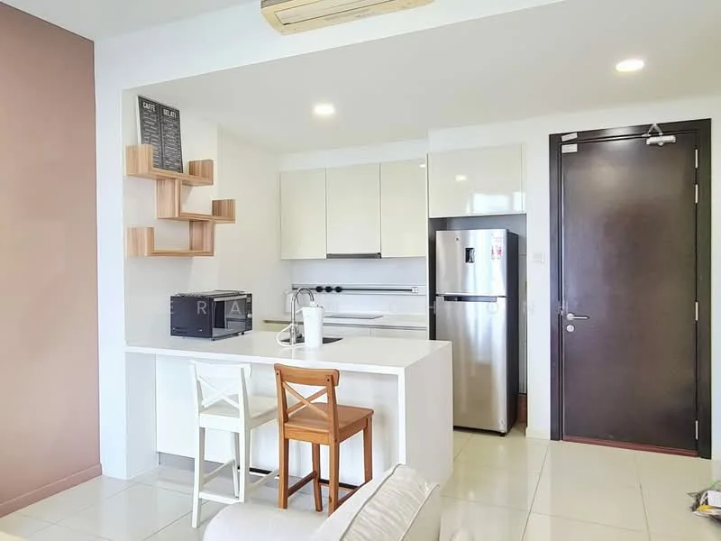 Kitchen features: white cabinetry, marble countertop, stainless-steel fridge, built-in oven, ceramic tile flooring, open shelving, microwave, single-bowl stainless-steel sink, chrome pull-down faucet, 2 bar stools, white walls, recessed downlights; style: modern.