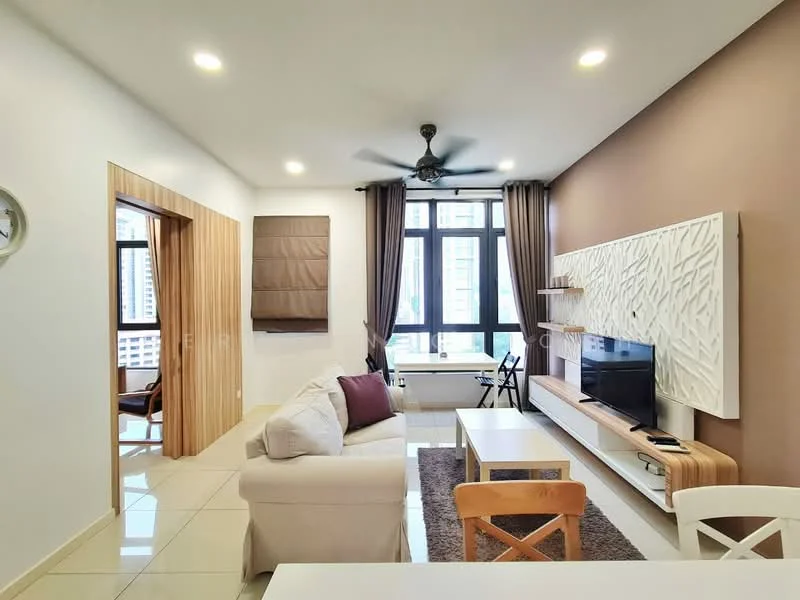 Living features: cream fabric sofa, brown throw pillow, white coffee table, TV console with wall-mounted TV, decorative wall panel with textured design, area rug with neutral color, floor-to-ceiling windows, curtains in dark grey, ceiling fan with light, wall clock, light-colored walls, accent wall in brown; style: modern; view: city. Room features: open doorway leading to another room, wooden door frame.