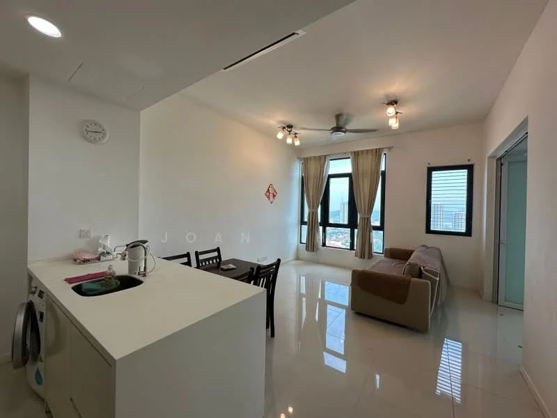 Kitchen features: white cabinetry, single-bowl stainless-steel sink, chrome pull-down faucet, built-in washing machine, countertop with bar seating; style: modern; view: city. Living features: 3-seater fabric sofa in beige, ceiling fan with light, large windows with sheer curtains, dining table with 4 chairs, polished tile flooring, wall-mounted clock, decorative wall art; style: modern; view: city.