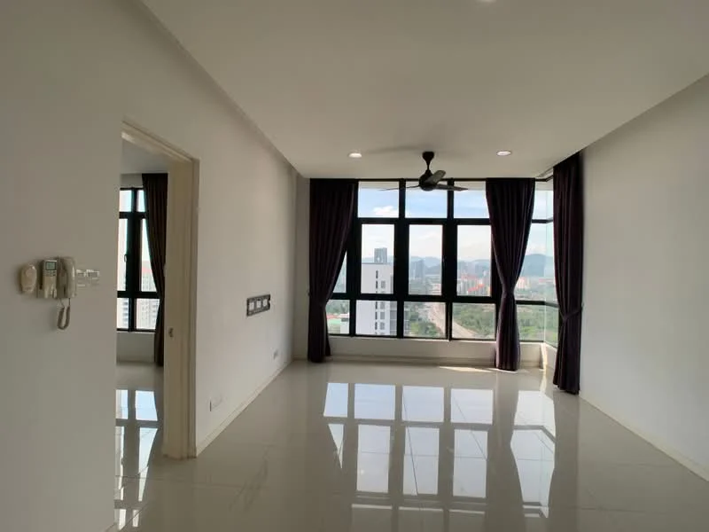 Living features: white painted walls, glossy porcelain tile flooring, 5-blade ceiling fan with light, floor-to-ceiling windows, blackout curtains, city view, recessed downlights, telephone intercom, wall-mounted electrical outlets, light switch panels; style: modern; view: city.