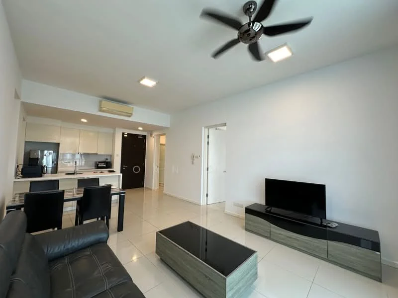 Living features: 3-seater leather sofa in black, coffee table with black glass top, TV console in light wood finish, wall-mounted TV, ceiling fan with light, recessed LED downlights, white painted walls, tile flooring, open layout to kitchen and dining area; style: modern. Kitchen features: white cabinetry, black countertop, built-in microwave, refrigerator, stainless-steel sink, 4-burner gas hob, oven, tile backsplash, dining table for 4; style: modern.