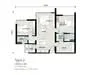 Floor plan: 3-bedroom 2-bathroom unit; features: open-plan kitchen-dining-living, master bedroom with ensuite bathroom, bedroom 2 with shared bathroom, utility room, balcony off living room, central foyer, 1 car porch.